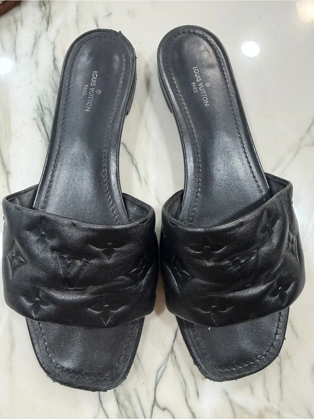 Louis Vuitton Black Quilted Monogram Leather Slide Mules